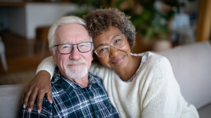 Tender moment in a cozy living room as a woman embraces a senior man from behind, her expression showing empathy and deep concern