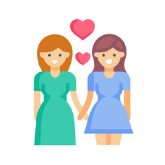 Two women holding hands with hearts flat design illustration