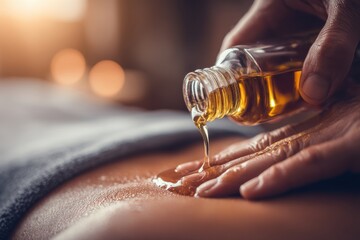 Close-up of a therapist pouring massage oil onto a client's back, creating a calming and serene spa experience with soft, natural light and a luxurious ambiance.