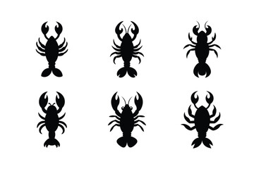 set of black and white silhouettes of lobster 