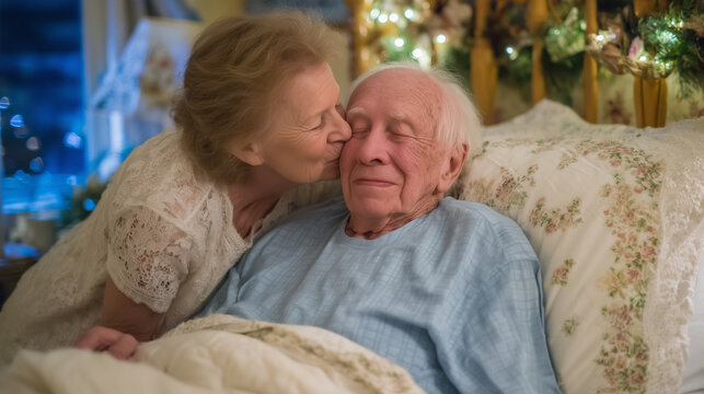 Evening scene in a softly lit bedroom, the woman tucks a blanket around the elderly man and kisses his forehead, conveying peace and care