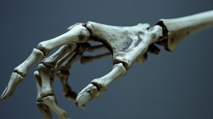 Fototapeta premium Skeleton hand points with the index finger on a gray background. Close-up.