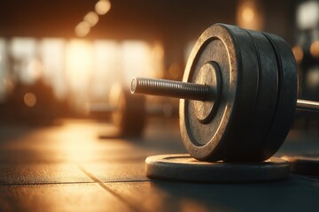 A close up view of a weight lifting barbell loaded with plates sitting on a gym floor, bathed in warm golden light with equipment blurred in background.