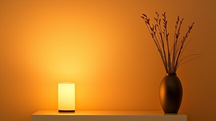 A glowing lamp beside a vase of dried decorative flowers