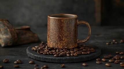 Dark roasted coffee beans aromatic mug still life photography cup cozy cafe food rich warm drink