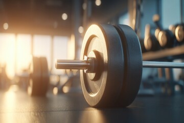 Close-up of a barbell with weights in a gym setting, showcasing fitness and strength training, with a bright and motivating atmosphere and workout equipment.