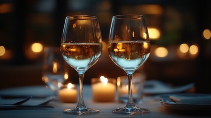Two glasses of wine on a table, lit by candles, in a romantic setting