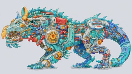 Obraz premium A multicolored, mechanical creature with a dragon-like form.