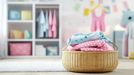 A basket of clothes is sitting on a rug in a room with a pink and blue wall. The basket is filled with pink and blue clothes, and the room has a colorful and playful atmosphere