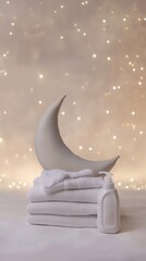 A white bottle of washing gel sits on a stack of white towels and a white crescent of the moon. Washing children's clothing, washing for children's clothing.