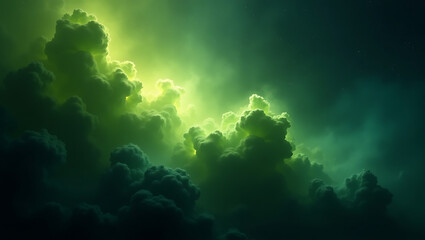 Glowing green clouds and dramatic sky creating a serene and atmospheric landscape.