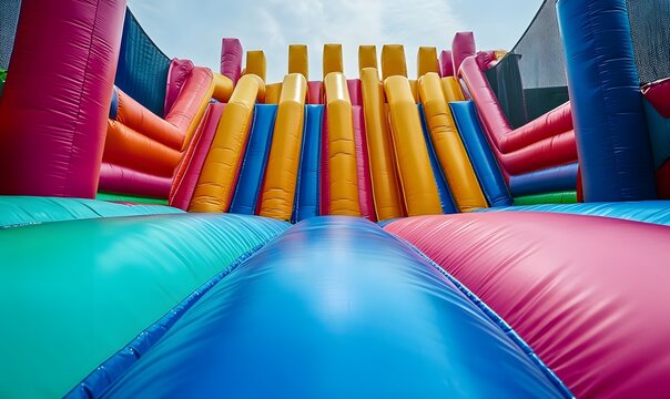 Children Playing in Colorful Inflatable Bouncy House at Indoor Playground, Generative AI
