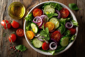 Fresh garden salad with tomatoes, cucumber, red onion, olive oil, and herbs served in rustic bowl on a wooden table