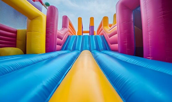 Children Playing in Colorful Inflatable Bouncy House at Indoor Playground, Generative AI