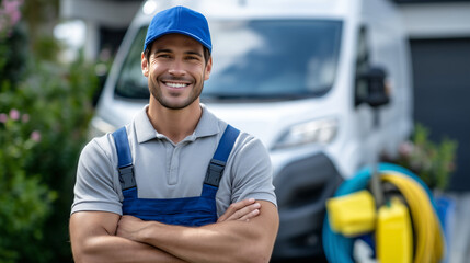Male cleaner proudly standing in front of van parked on driveway, background shows garden hose and outdoor cleaning supplies