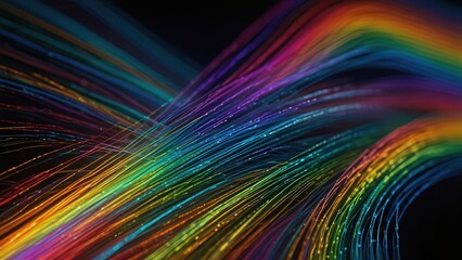 Multicolor Rainbow Fiber Optic Cable Macro with Radiant Glowing Long Threads

