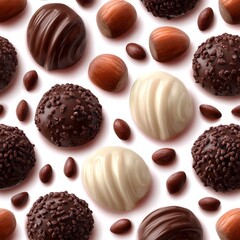 Fototapeta premium Assorted chocolate truffles with nuts displayed on a white background