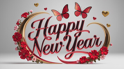 Elegant 3D Happy New Year graphic with flowers and butterflies