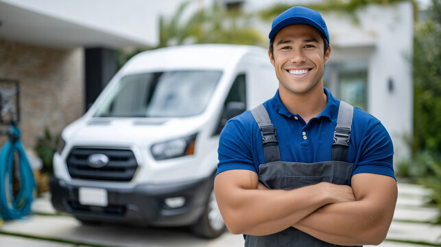 Male cleaner proudly standing in front of van parked on driveway, background shows garden hose and outdoor cleaning supplies - Powered by Adobe