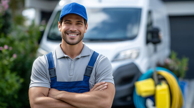 Male cleaner proudly standing in front of van parked on driveway, background shows garden hose and outdoor cleaning supplies - Powered by Adobe