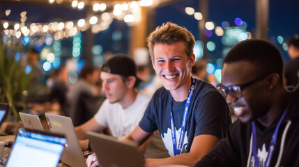 Diverse team gathered around central table, high energy and laughter as they debug lines of code on laptops in a cozy tech space