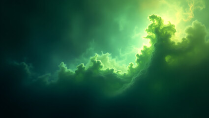 Abstract digital art depicting vivid green clouds in a dramatic atmospheric sky