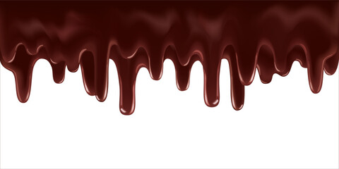 Realistic flows of liquid chocolate.  Dripping melted dark or milk chocolate isolated on white background. Horizontal border elements.  Vector EPS 10