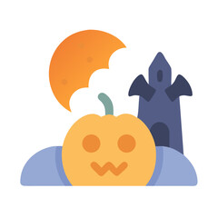 Flat design Halloween night scene with pumpkin and castle