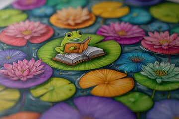 Colorful pond scene with frog reading a book.