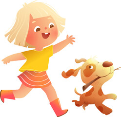 Happy Girl Child playing fetch a stick joyfully outside with her Dog or Puppy. A bright, cheerful cartoon illustration of friendship and outdoor activities. Vector clip art illustration for kids