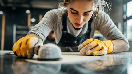 Woman Sanding a Surface with an Orbital Sander