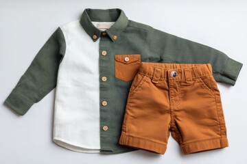 A stylish toddler outfit featuring a two-tone shirt with wooden buttons and brown shorts, perfect for a fashionable young child's wardrobe on white background.