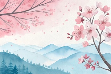 Watercolor Painting of Cherry Blossoms and Misty Mountains