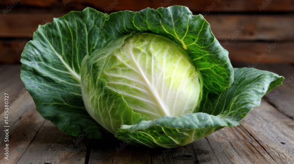 Poster cabbage head with vibrant outer leaves resting on a wooden table surface at a cozy kitchen setting
