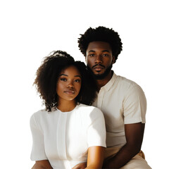 Obraz premium Young Afro American couple poses together in a bright white studio with soft lighting, Young Afro American couple on Transparent background