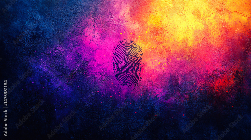 Poster A vibrant abstract background features a central fingerprint design, evoking themes of identity and mystery against a colorful cosmic backdrop