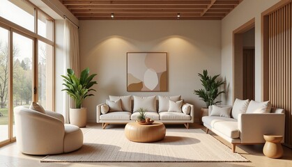 Modern minimalist living room with neutral tones, stylish furniture, and indoor plants creating a serene and inviting atmosphere, concept of interior design or home decor
