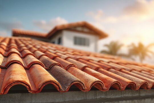 Close-up of a terracotta tile roof with a blurred house in the background under a warm light, showing a traditional Mediterranean architectural style in sunny weather.