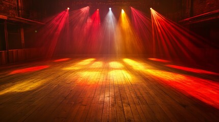 A stage with lights on it. The lights are red, yellow, and orange. The stage is empty