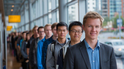 Fototapeta premium Long queue of multicultural applicants at career fair inside bright, glass-paneled building, everyone appearing optimistic and well-prepared