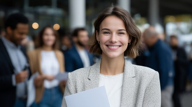 Close-up of confident young woman in line at job fair, smart outfit and portfolio in hand, surrounded by diverse applicants