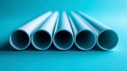 Fototapeta premium Row of smooth, white pipes against a serene blue background, showcasing clean lines