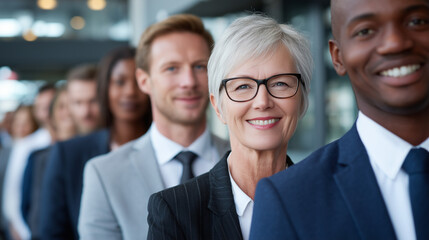 Multicultural group of job seekers in line, representing wide age range, prepared and eager under bright LED office lighting