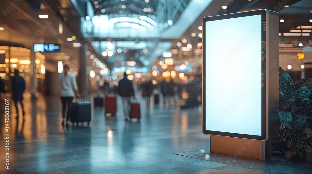 Poster travelers with luggage navigate through a bustling airport terminal featuring an empty advertising d
