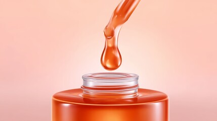 Drop Of Vibrant Orange Serum Falling Into Glass Container Surrounded By Soft Light