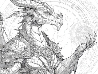 Detailed illustration of a mythical armored dragon.