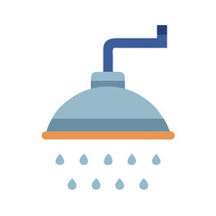 Blue shower head graphic with water droplets isolated on White