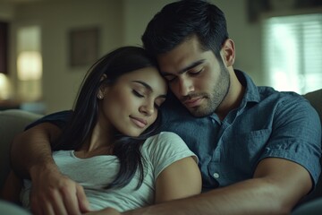A young newlywed couple, embracing the early stages of marriage, owners or tenants of an apartment, relaxing on the sofa and talking about their future plans and the design of their new space