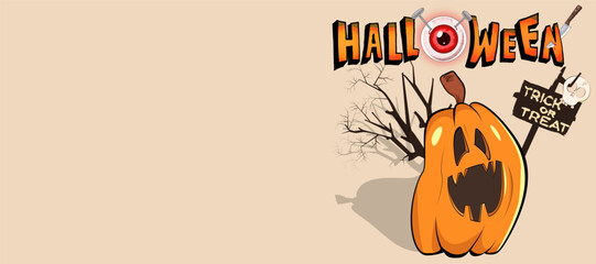 Naklejka premium Happy Halloween banner greeting, invitation, card, template background, poster, web, with pumpkin jack o lantern, bat, creepy tree with space for text