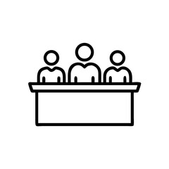 Three figures behind a desk represented as a simple line drawing in black and white format image